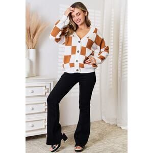 DOUBLE TAKE Camel White Checked V-Neck Dropped Shoulder Cardigan Sweater Large